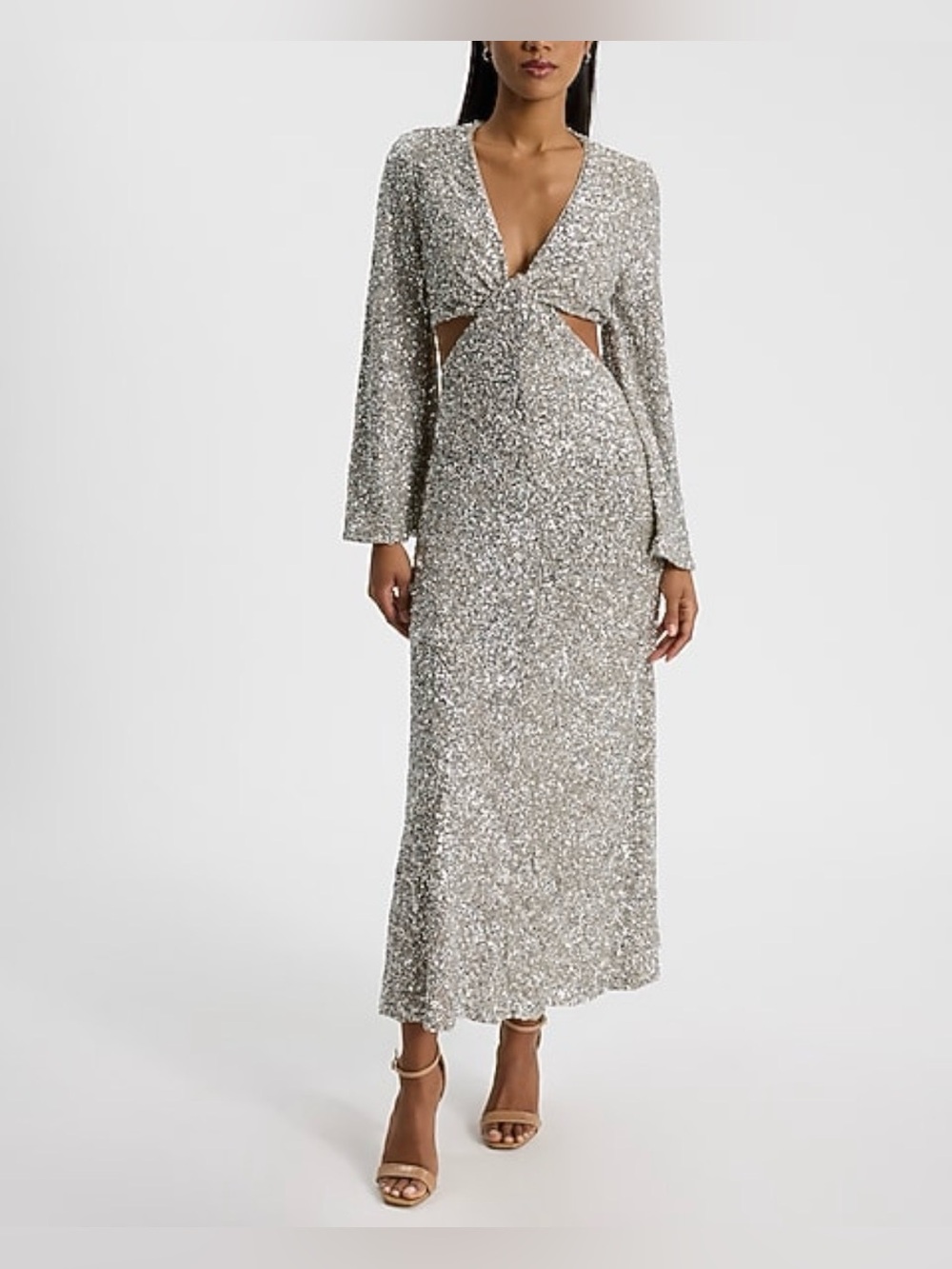 NWT Sequin Long Sleeve Cutout Twist Front Midi Dress